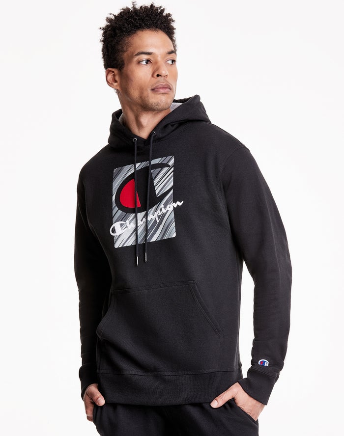 Champion Powerblend Fleece Inset Rectangle Logo  Erkek Kapşonlu Sweatshirt Siyah ( XRIWPK378 )